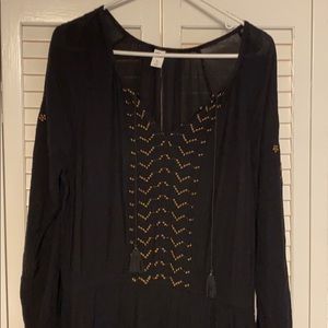 Black dress, drawstring waist, gold embroidery!